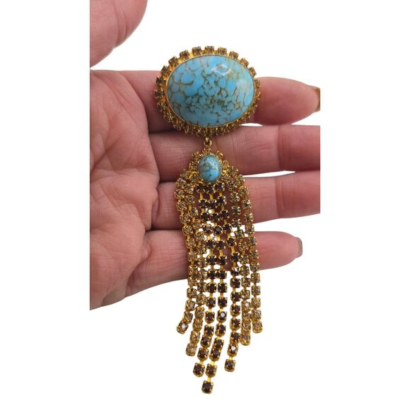 Vintage Turquoise Hubble Glass & Rhinestone Dangle Brooch (A8145) - Picture 2 of 5